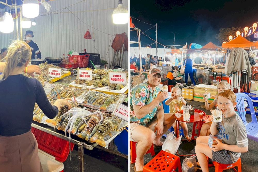 Visitors savor their food in a lively atmosphere